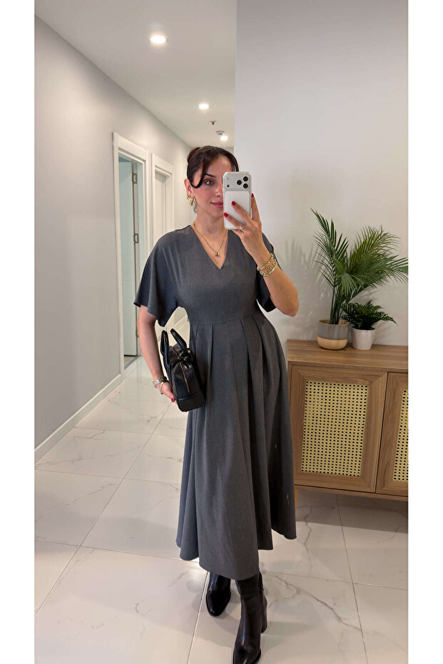 Kutons Antrasit V Yaka Elbise - 3