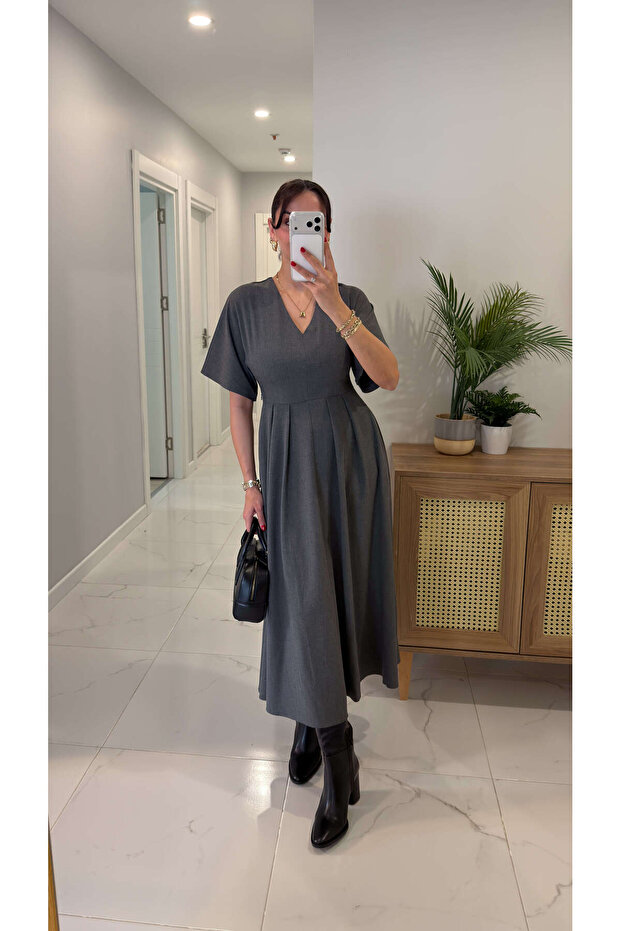 Kutons Antrasit V Yaka Elbise - 1