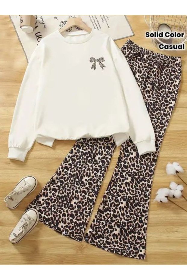 Girl's White Sweatshirt with Small Ribbon Print on the Bottom and Patterned Wide-Legged Pants Set