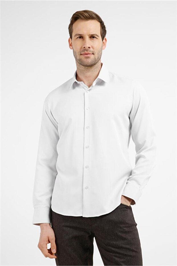Beige-White Self-Patterned Rigid Collar Long Sleeve Pocketless Slim Fit Cotton Shirt 1004255214