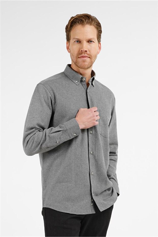 Smoked Buttoned Collar Long Sleeve Pocketed Comfort Fit Cotton Shirt 1004255234