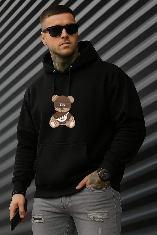 Men's Winter the Best Bear Printed Cotton Hooded Sweatshirt with Kangaroo Pocket