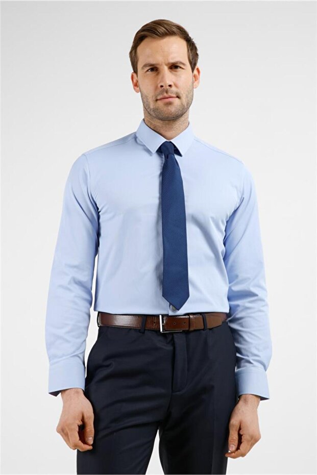 Blue Hard Collar Long Sleeve Pocketless Slim Fit Cotton Shirt 1004255228