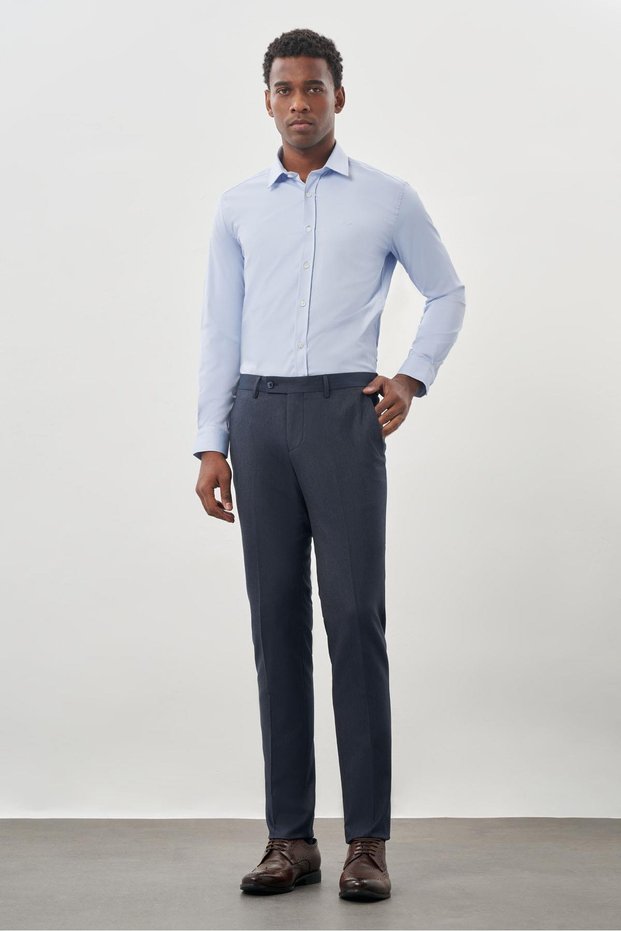 Men's Navy Blue Flat Flexible Side Pocket Slim Fit Trousers 1003245209_202