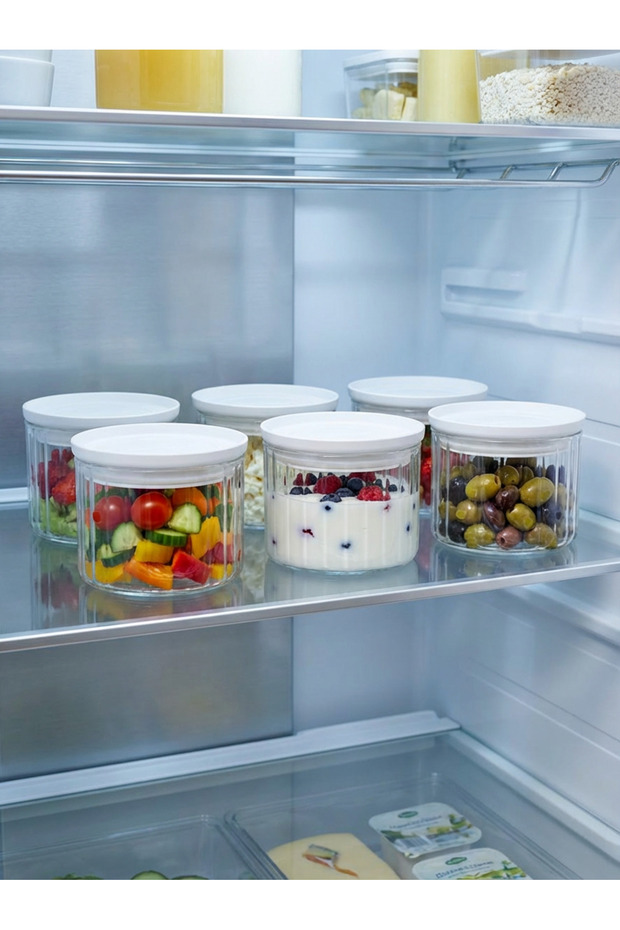 6-Piece Vacuum Lid Line Patterned Glass Stylish Breakfast Storage Container White Lid Transparent Design 365 ml