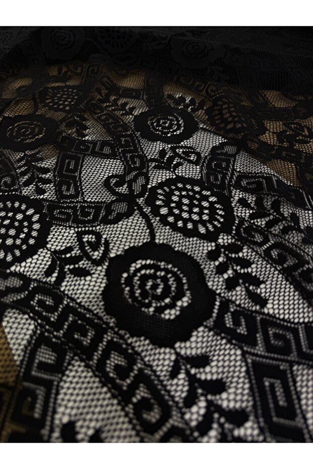 150 cm Wide Black Lace Fabric – Floral and Geometric Patterned Evening Dress Lace
