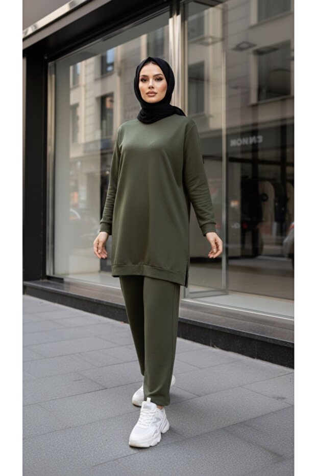 Two-Thread Slit Transitional Modest Tunic Pants Two-Piece Set - 5