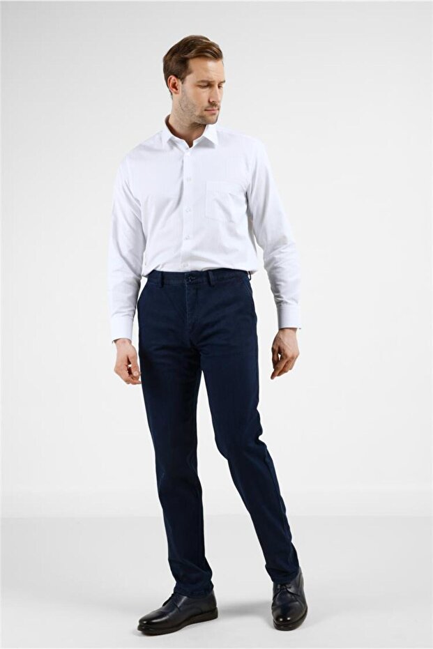 Navy Blue Side Pocket Casual Comfort Fit Cotton Chino Trousers 1003255171