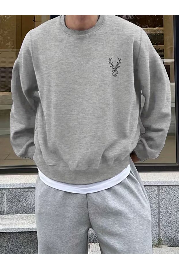 Men's Minimal Deer Print Black/Grey Oversize Sweatshirt