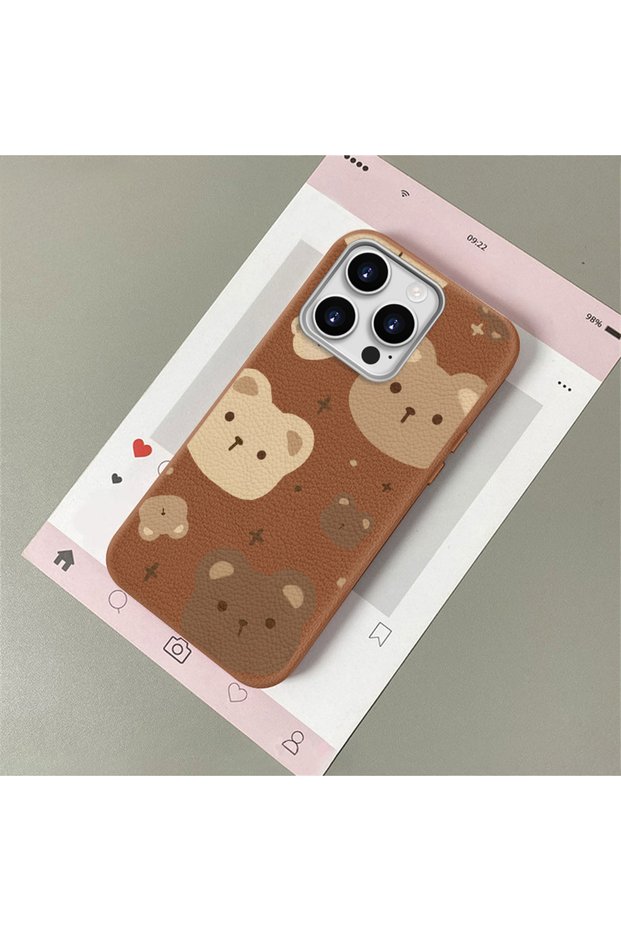 iPhone 14 Pro Max Compatible, Stylish Phone Case with Cute Teddy Bear Pattern and Leather Texture.