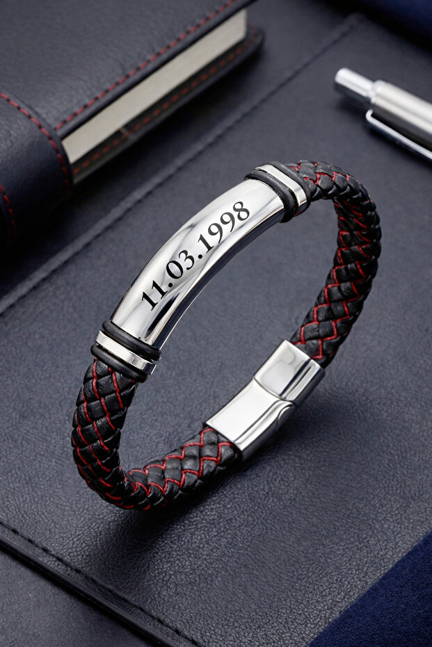 Men's Leather Bracelet Shiny Steel Name-Engravable Black Red Knitted Leather Bracelet