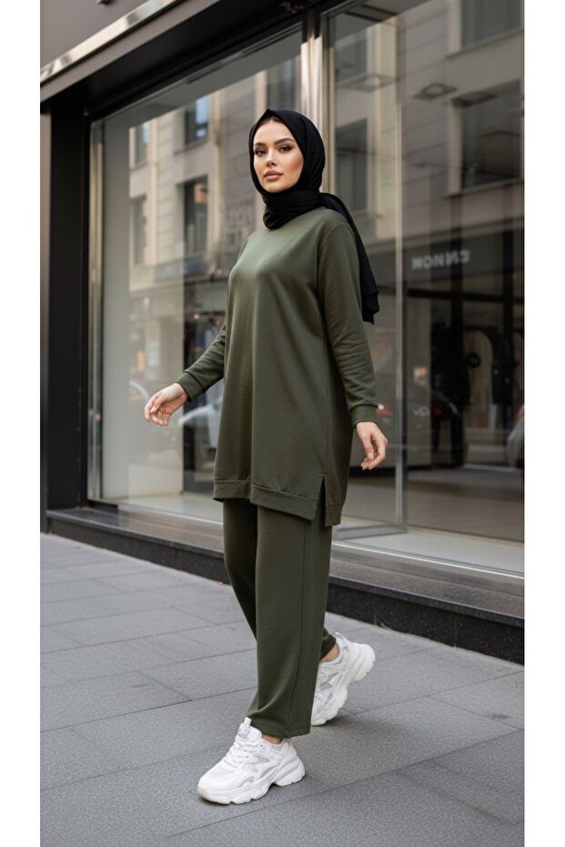 Two-Thread Slit Transitional Modest Tunic Pants Two-Piece Set - 1