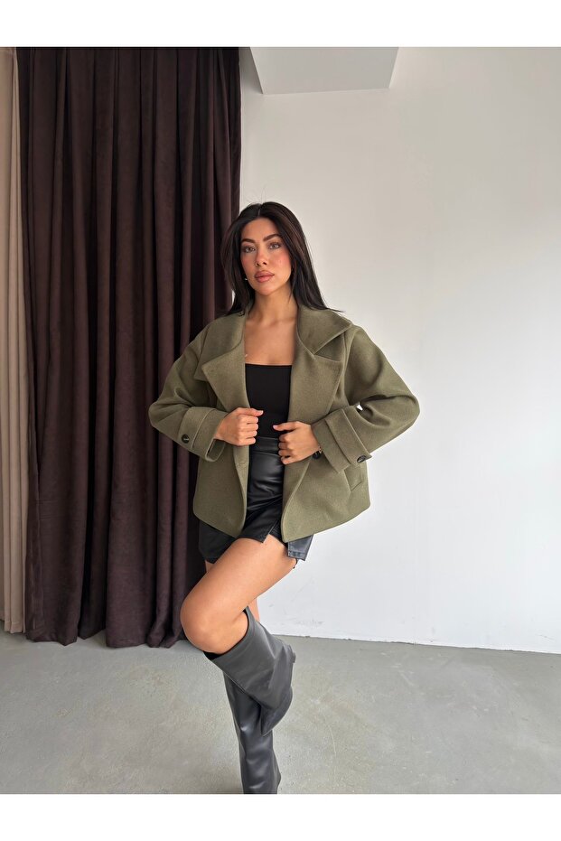 Khaki Stand Collar Short Cashmere Coat