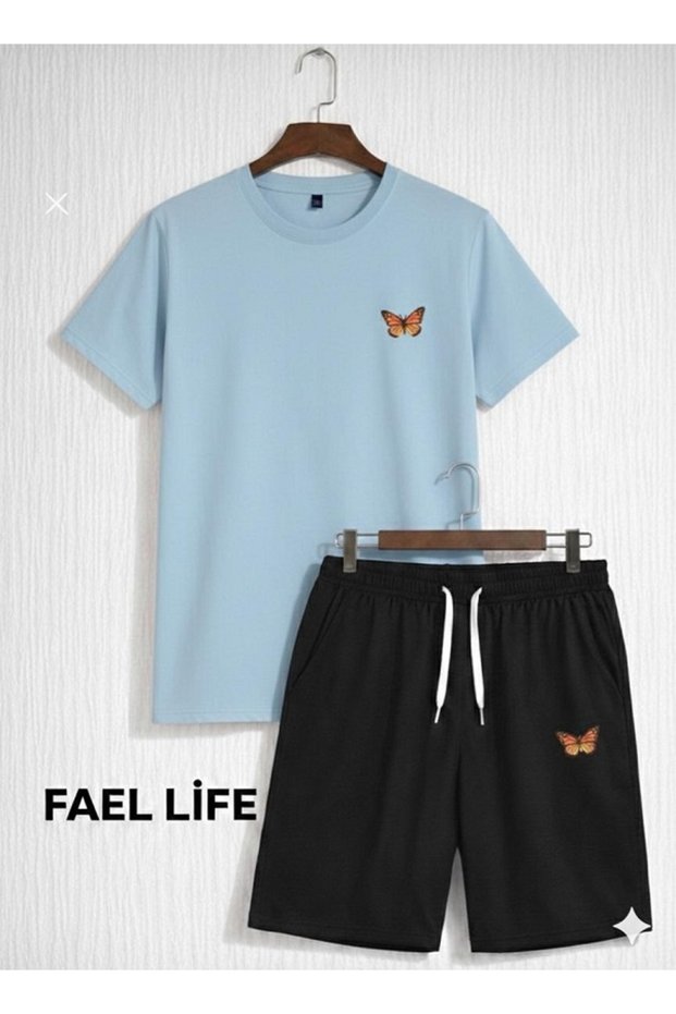 Women'S/Men's Loose Fit Shorts T-Shirt Orange Butterfly Printed Set