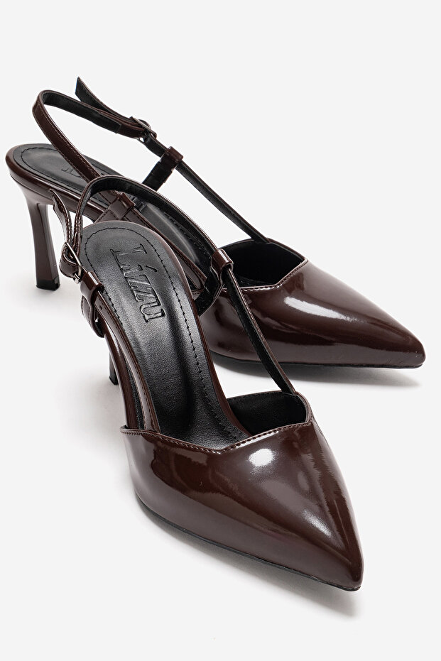 Women's Pointed Toe Open Back Short Brown Patent Leather Heeled Shoes Cone