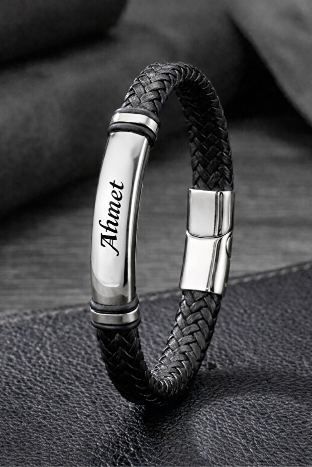 Men's Leather Bracelet Shiny Steel Name-Engravable Black Knitted Leather Bracelet