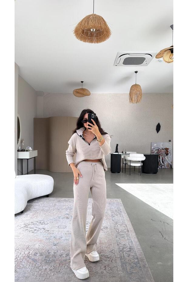 Beige Half-Zip Ribbed Basic Set - 1