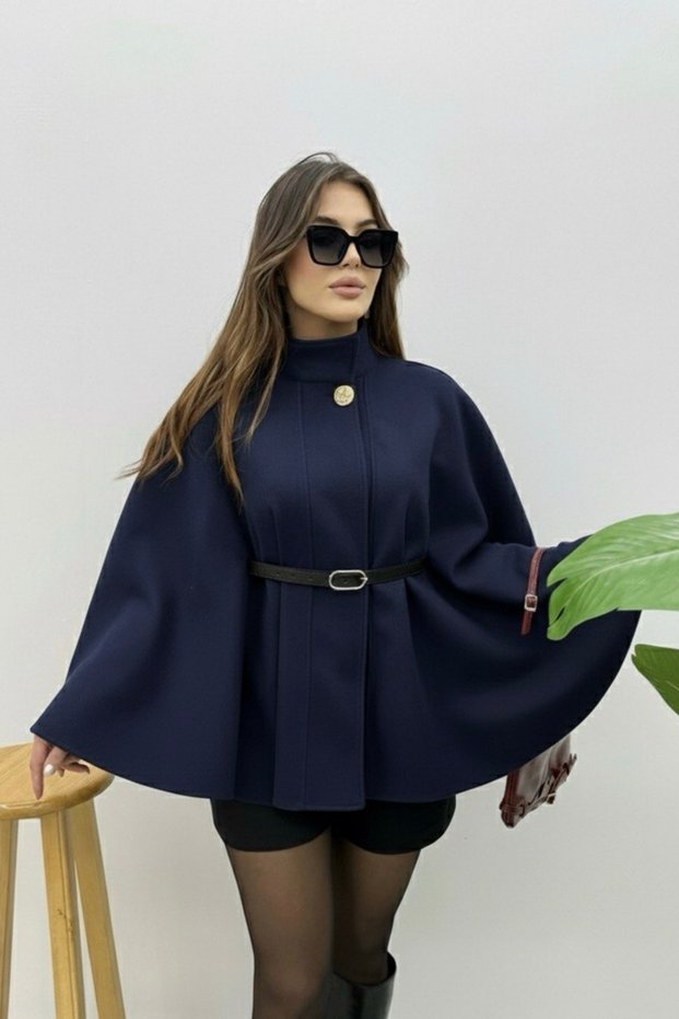 Premium Gold Buttoned Belted Cashmere Cape Poncho