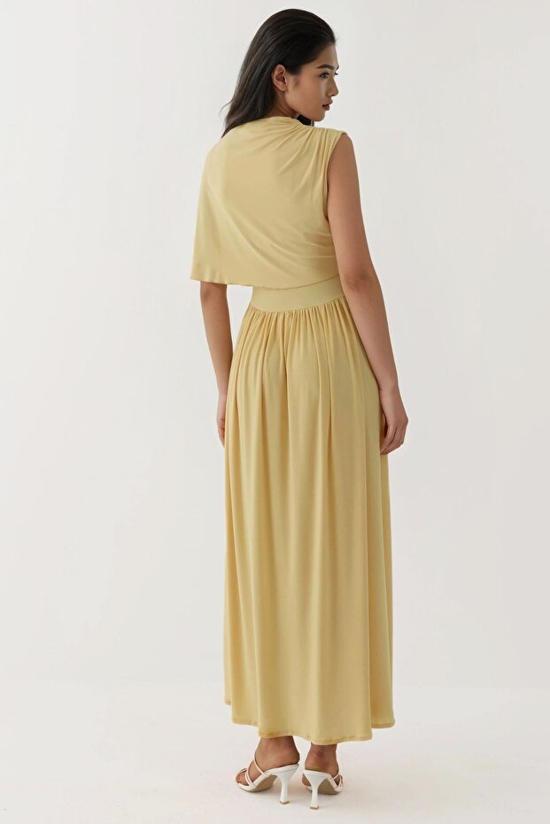 Asimetrik Yaka Drapeli Premium Sandy Örme Maxi Elbise - 2
