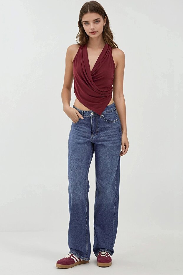 Halter Yaka Kruvaze Esnek Sandy Örme Üst - 4