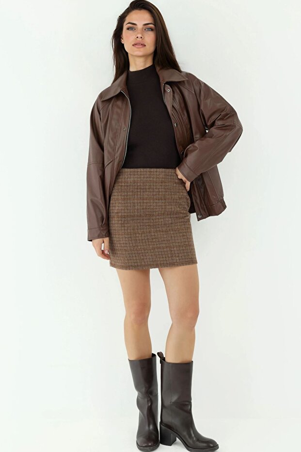 Ekose Desenli Dar Mini Etek - 8