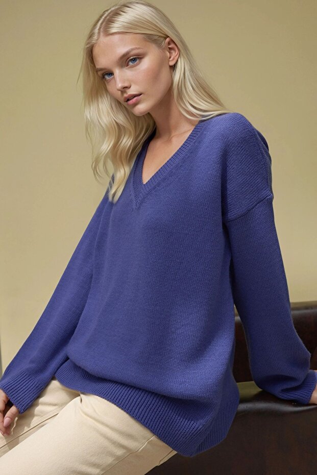 Kalın Örme V-Yaka Kazak - 2