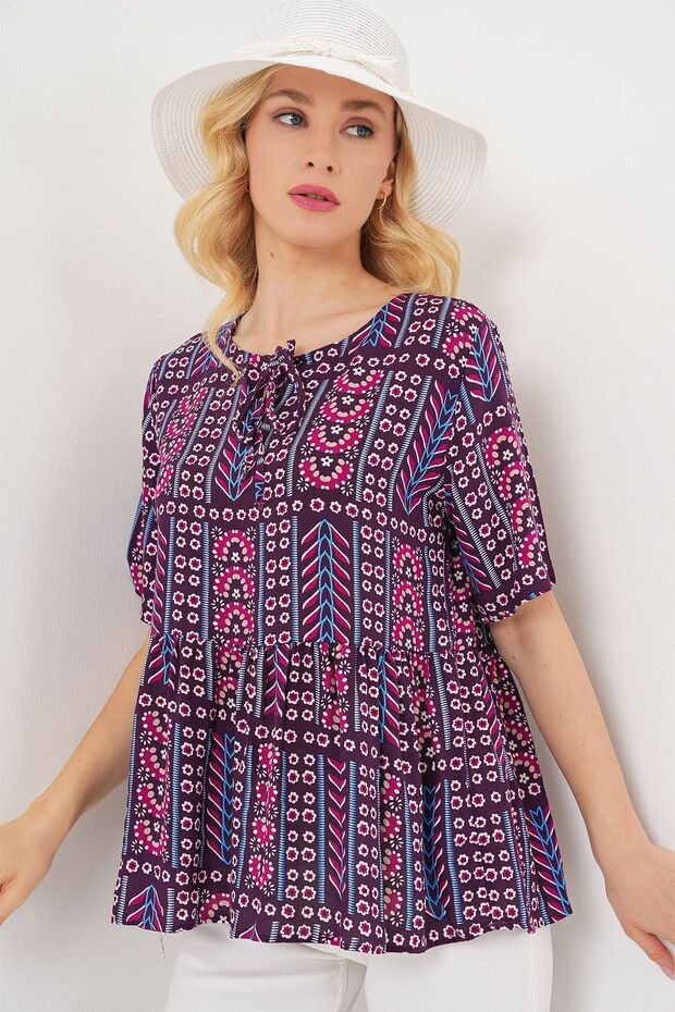 Bdart Printed Round Neck Elasticated Blouse - 3