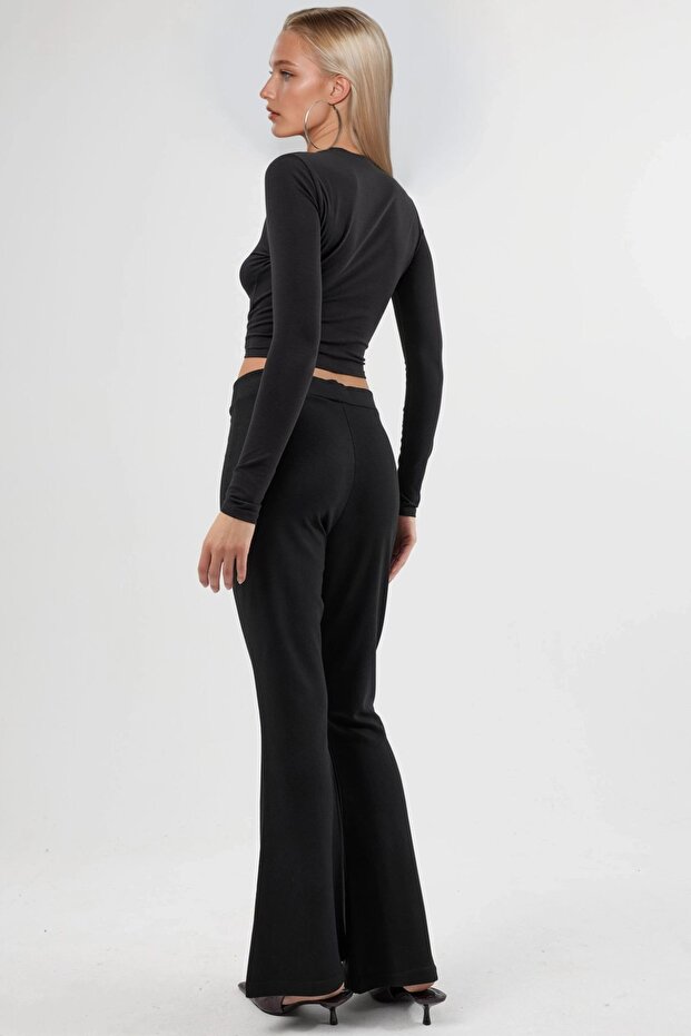 Modal Dokulu İspanyol Paça Pantolon - 3