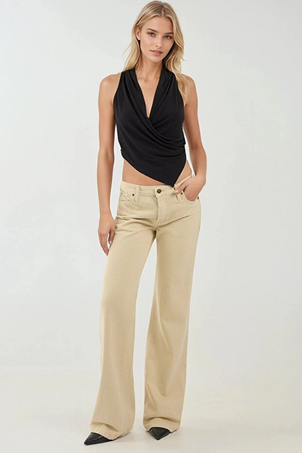 Halter Yaka Kruvaze Esnek Sandy Örme Üst - 5