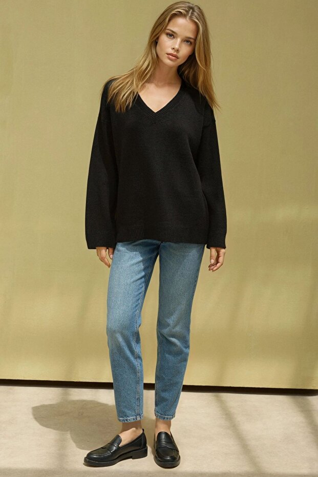 Kalın Örme V-Yaka Kazak - 5