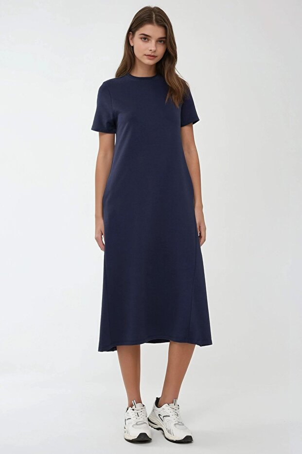 Round Neck Short Sleeve Basic Midi Dress Busem Collection