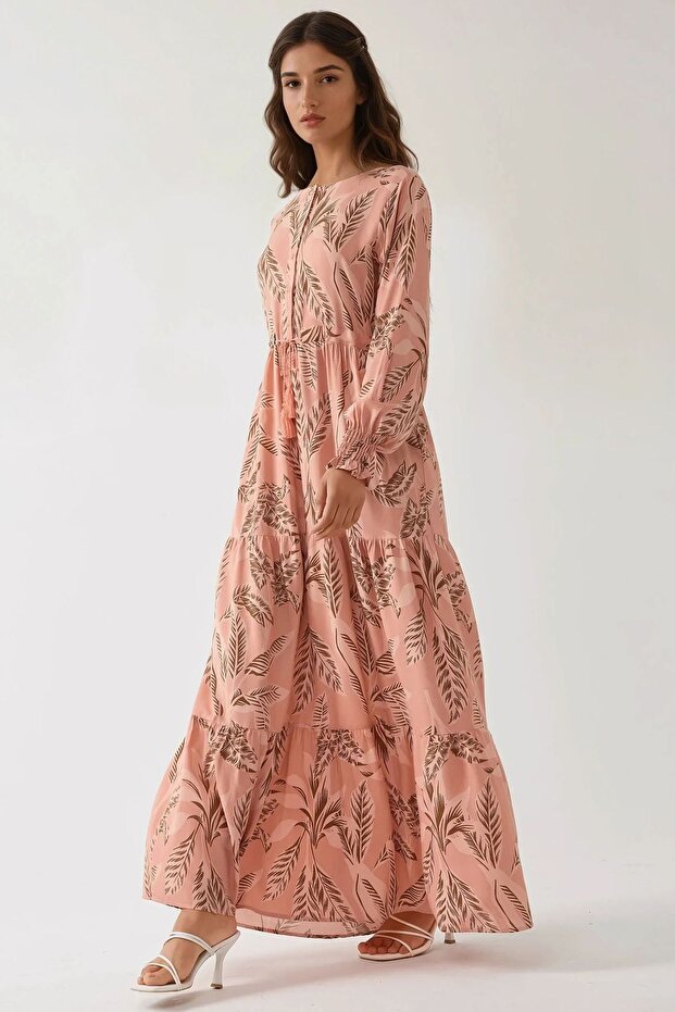 Baskılı Uzun Kol Viskon Modest Elbise - 6