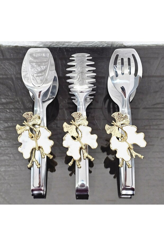 Silver Serving Tongs Set of 3 White Butterfly Pasta/Cake/Dinner/Presentation Tongs