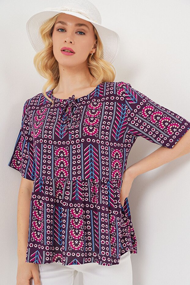 Bdart Printed Round Neck Elasticated Blouse - 1