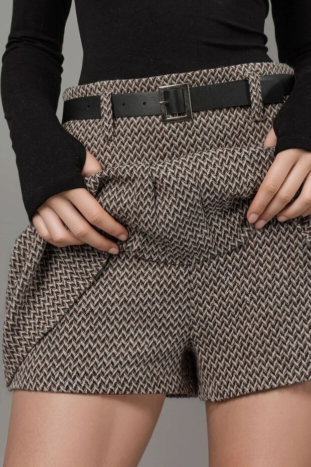 Yüksek Bel Pileli Mini Şort Etek - 2