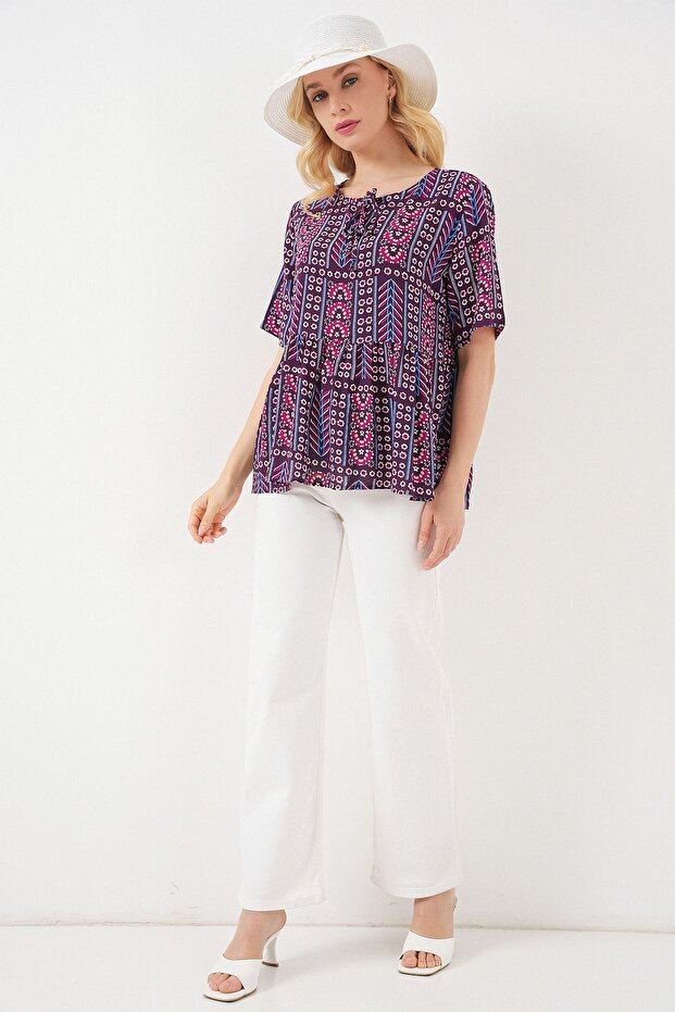 Bdart Printed Round Neck Elasticated Blouse - 2