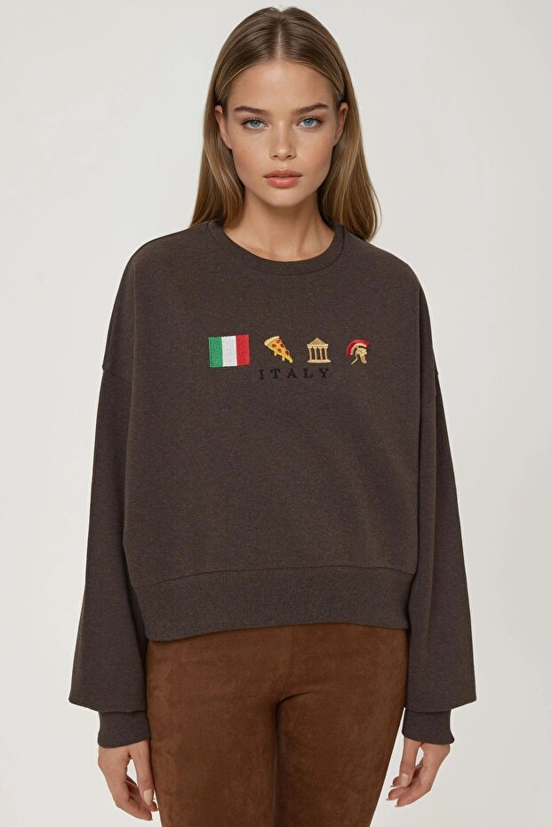 İşlemeli Yuvarlak Yaka Sweatshirt - 6