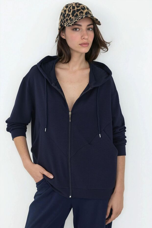 Modal Touch Fermuarlı Kapşonlu Sweatshirt - 1