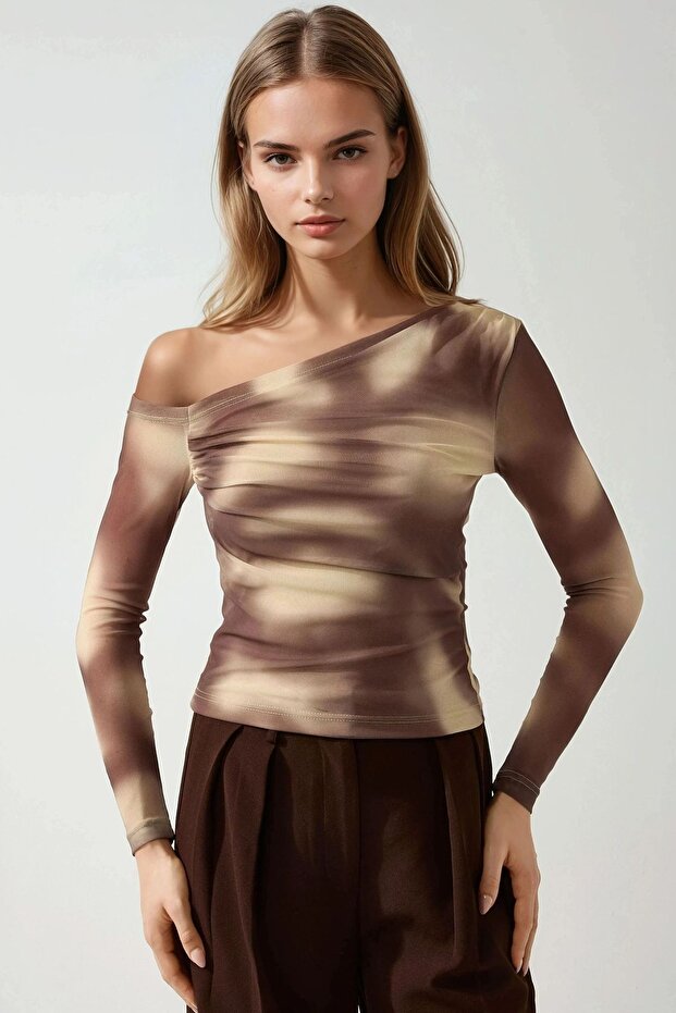 Asymmetrical Neckline Lined Tulle Blouse - 1