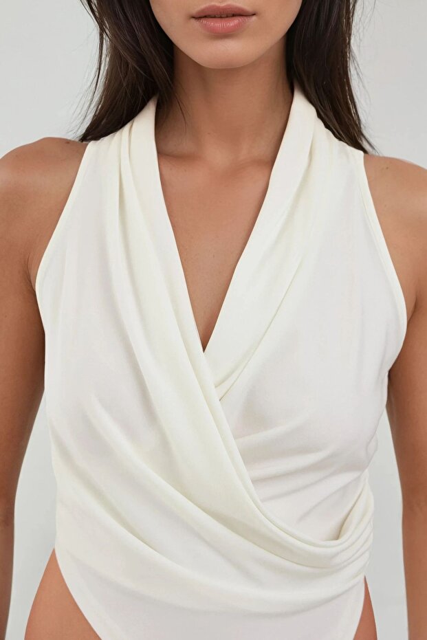 Halter Yaka Kruvaze Esnek Sandy Örme Üst - 2
