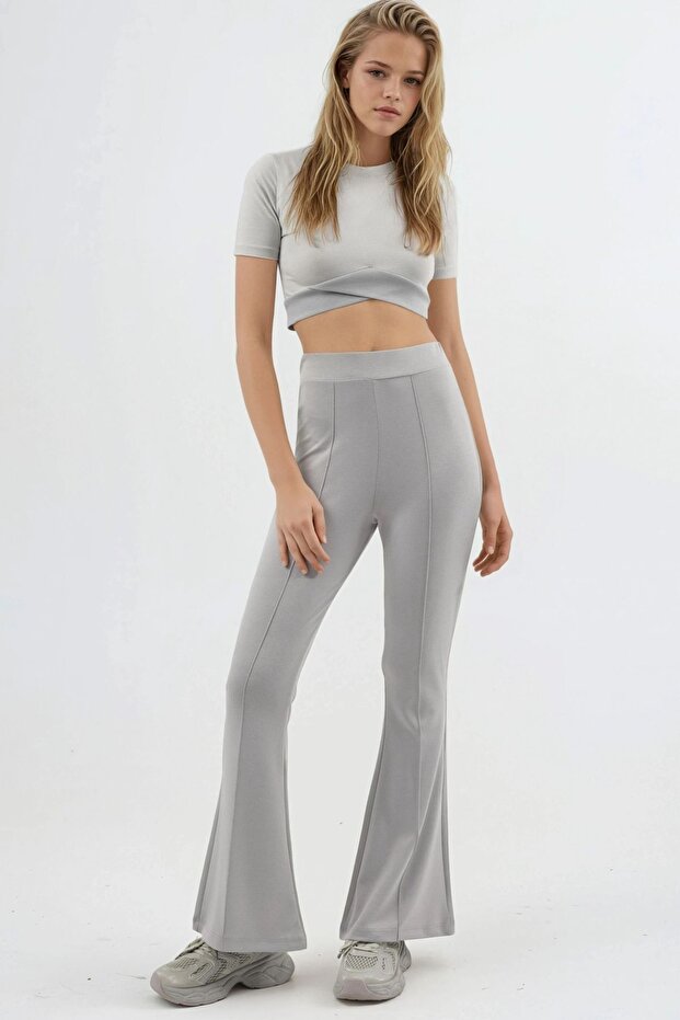 Modal Dokulu İspanyol Paça Pantolon - 2