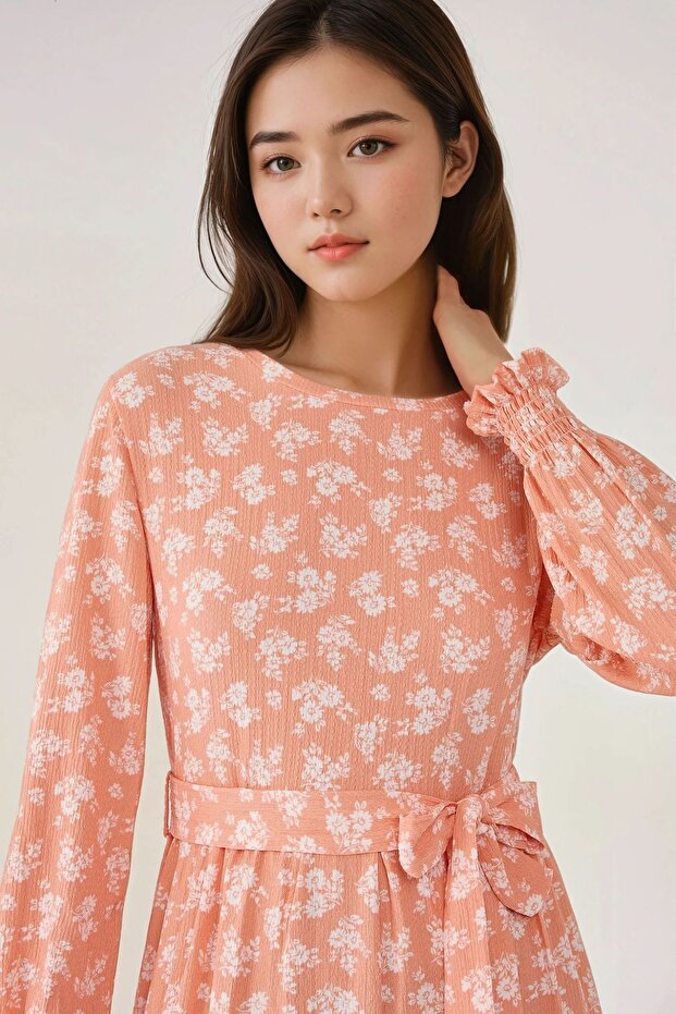 Çiçek Desenli Uzun Kol Örme Modest Elbise - 6
