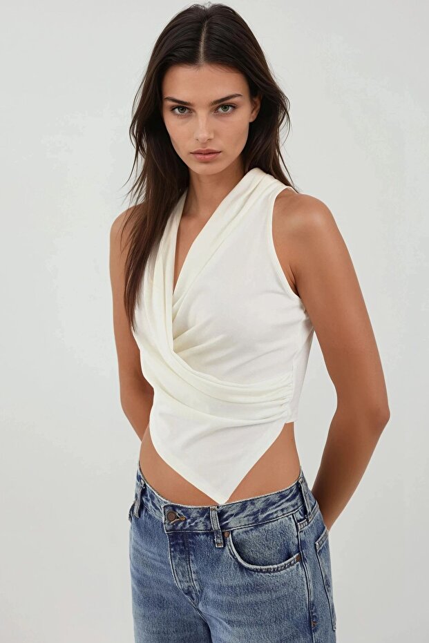 Halter Yaka Kruvaze Esnek Sandy Örme Üst - 4