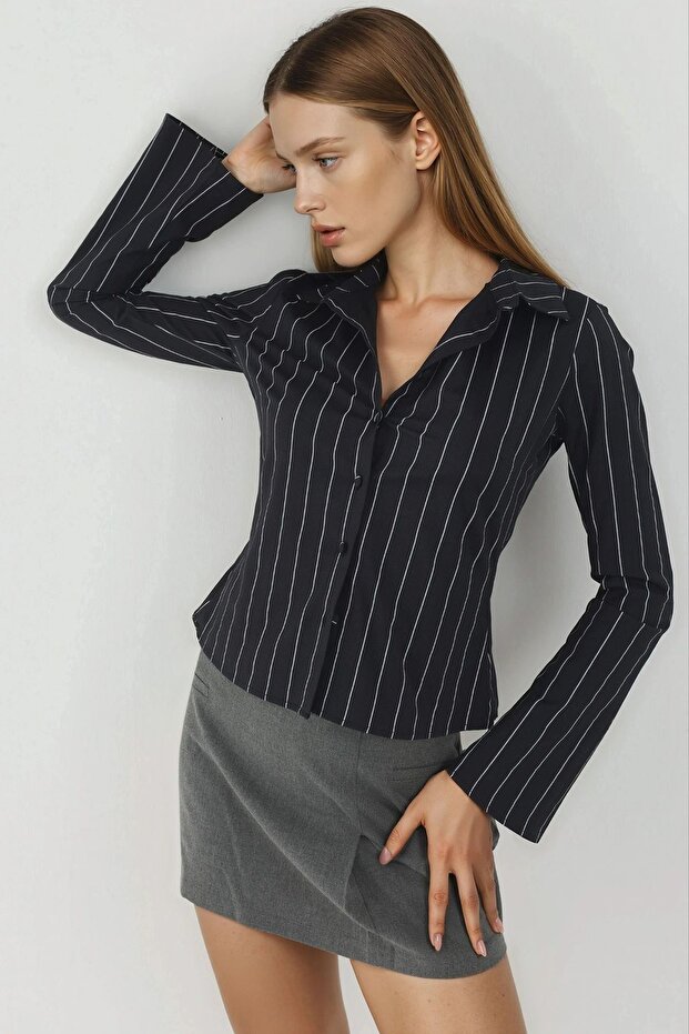 Button Detailed Fitted Waist Striped Shirt