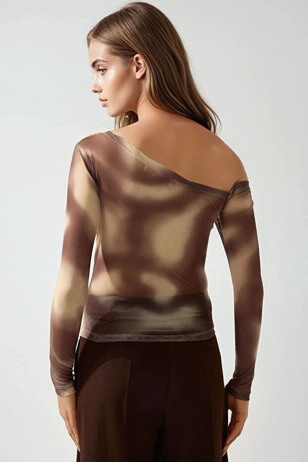 Asymmetrical Neckline Lined Tulle Blouse - 5