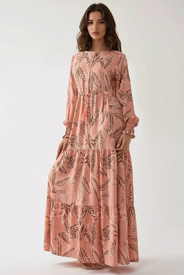 Baskılı Uzun Kol Viskon Modest Elbise - 5