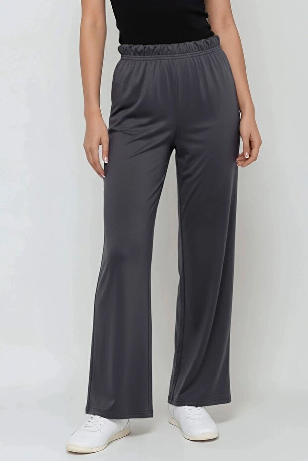 Modal Textured Elastic Waist Straight Leg Trousers Berşan Collection