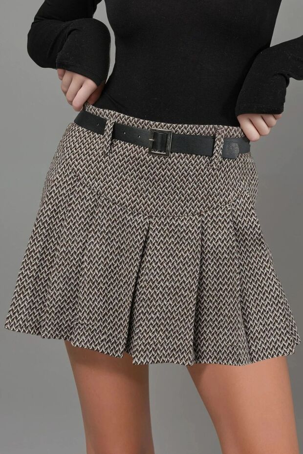 Yüksek Bel Pileli Mini Şort Etek - 8