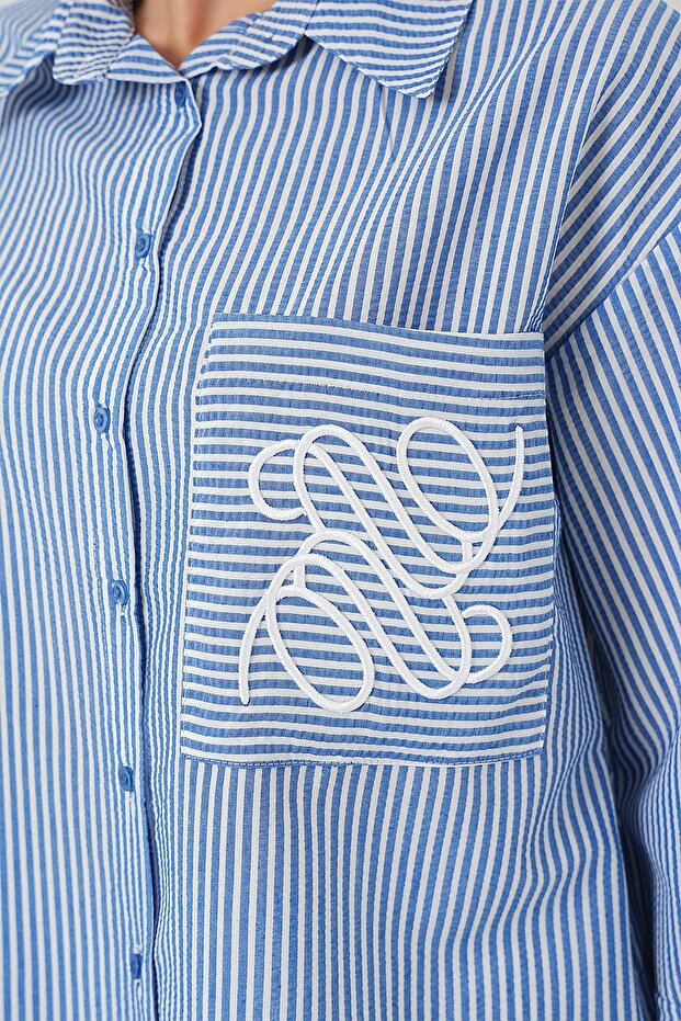 BDART Şeritli Poplin Gömlek, Nakışlı - 5