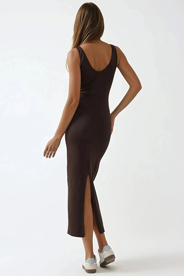 Slim Fit V Yaka Basic Midi Elbise - 2